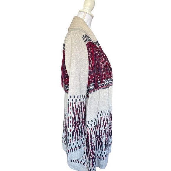 Style & Co Sweater Cardigan Women's Sz Small Open Front Tan Red Blue Fringe - Picture 6 of 11